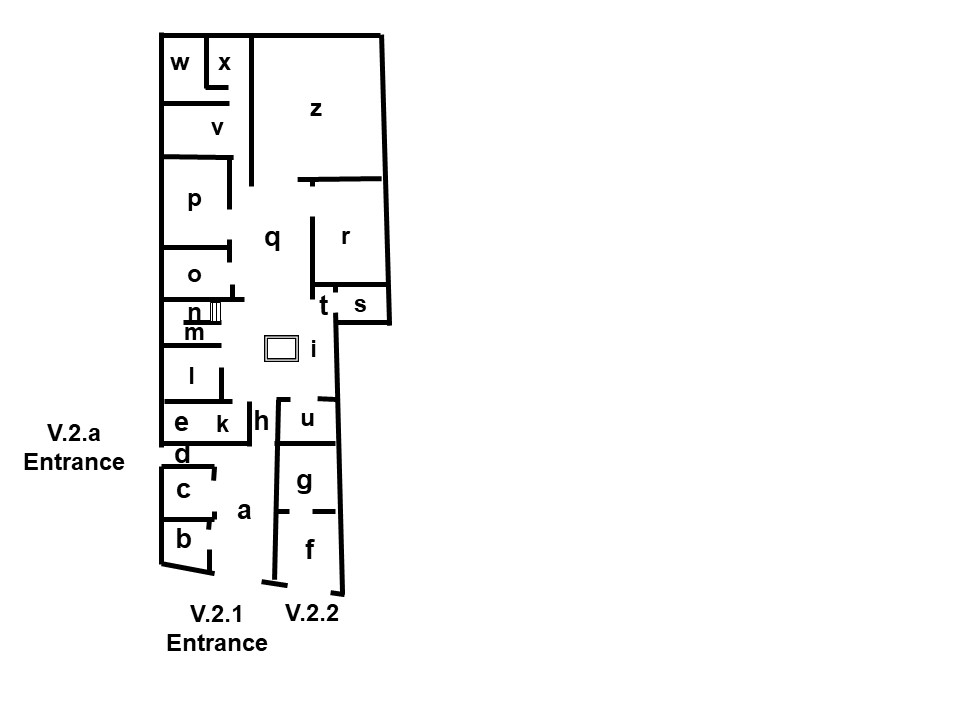 V.2.1 plan based on Bdi 1885. The room numbers are those referred to in BdI some of which may also be referenced on pompeiiinpictures.

See Bullettino dell’Instituto di Corrispondenza Archeologica (DAIR), 1885, p. 157.